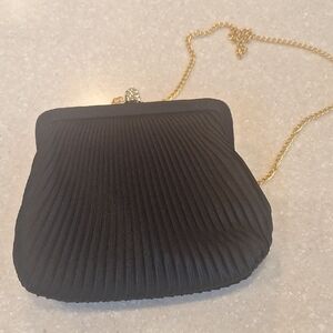 Black Pleated Evening Clutch with Gold Chain